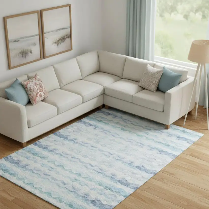 Blue And Ivory Geometric Washable Area Rug With UV Protection Photo 1