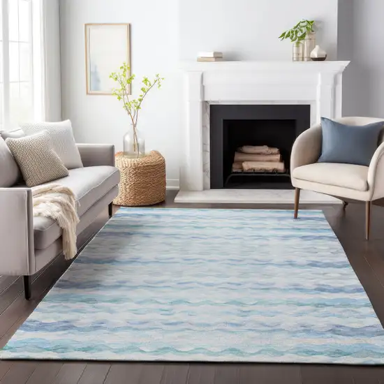 Blue And Ivory Geometric Washable Area Rug With UV Protection Photo 6