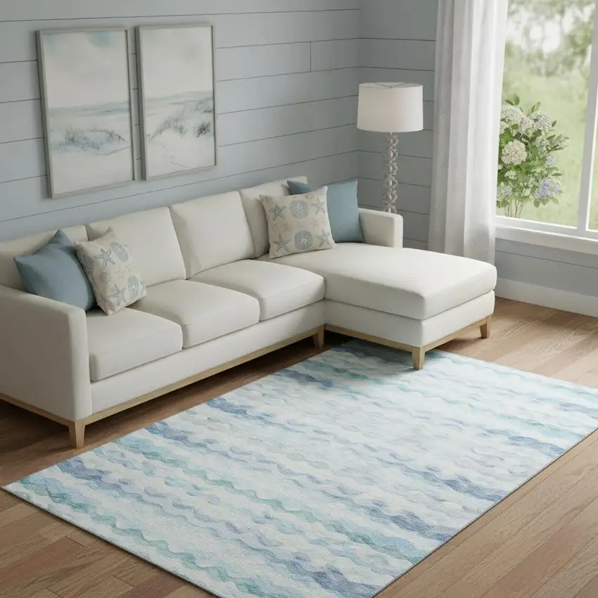 Blue And Ivory Geometric Washable Area Rug With UV Protection Photo 1