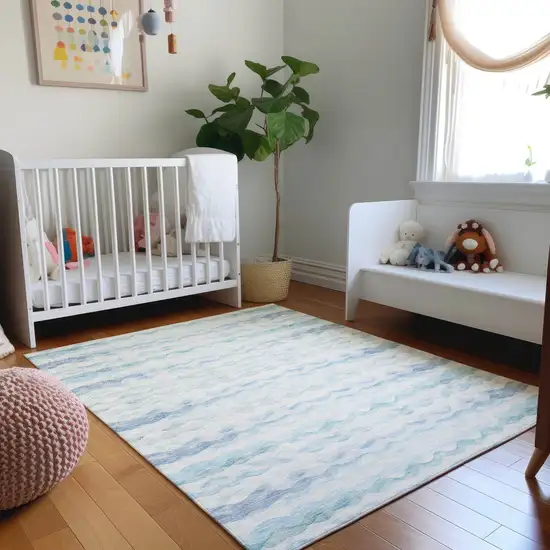 Blue And Ivory Geometric Washable Area Rug With UV Protection Photo 5