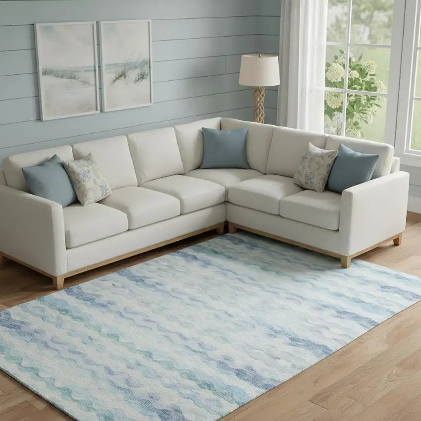 Blue And Ivory Geometric Washable Area Rug With UV Protection Photo 1