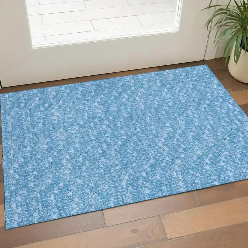 Blue And Ivory Geometric Washable Area Rug With UV Protection Photo 1