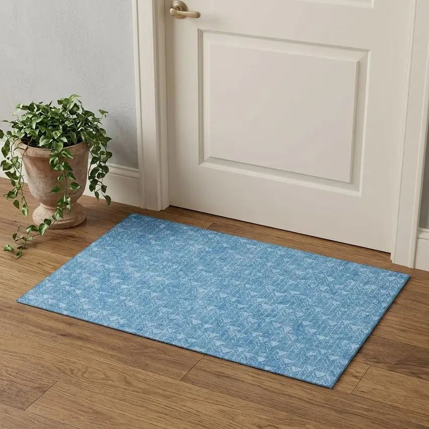 Blue And Ivory Geometric Washable Area Rug With UV Protection Photo 1