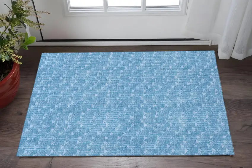 Blue And Ivory Geometric Washable Area Rug With UV Protection Photo 2