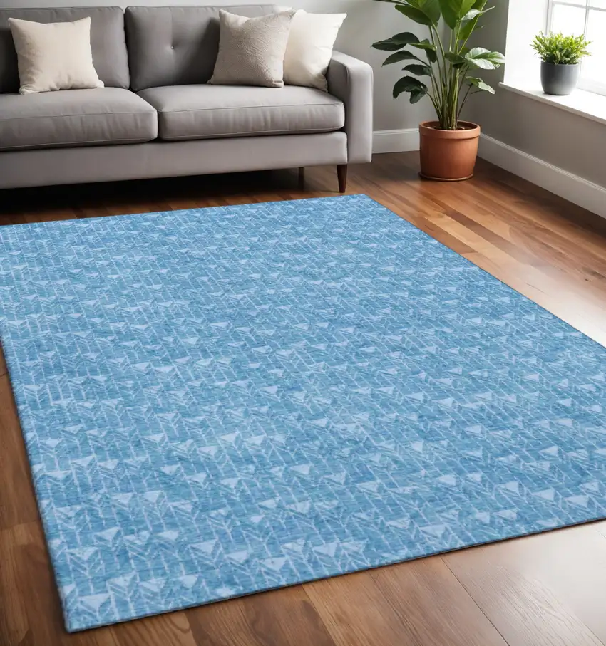 Blue And Ivory Geometric Washable Area Rug With UV Protection Photo 2