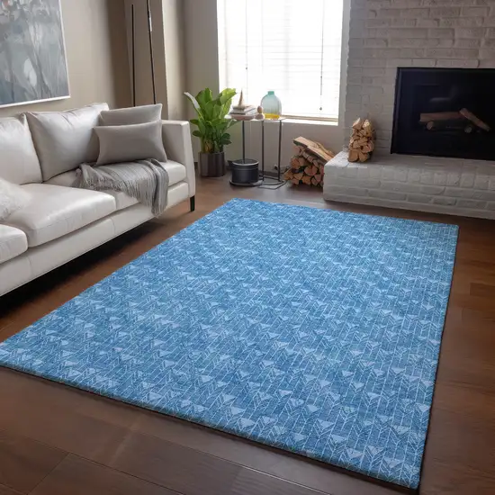 Blue And Ivory Geometric Washable Area Rug With UV Protection Photo 6