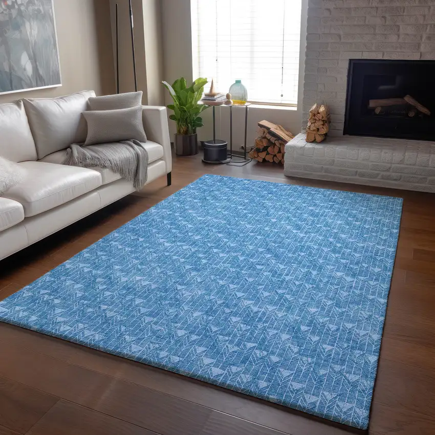 Blue And Ivory Geometric Washable Area Rug With UV Protection Photo 6