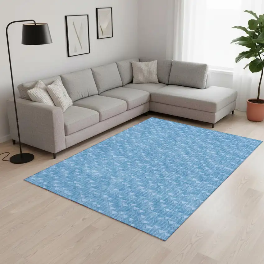Blue And Ivory Geometric Washable Area Rug With UV Protection Photo 1