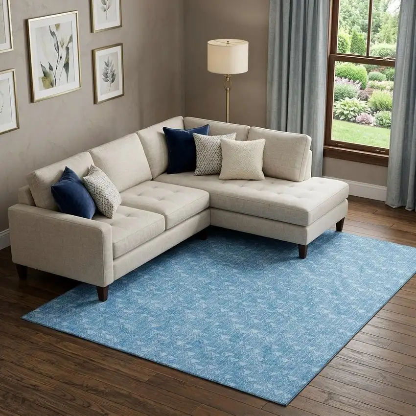 Blue And Ivory Geometric Washable Area Rug With UV Protection Photo 1