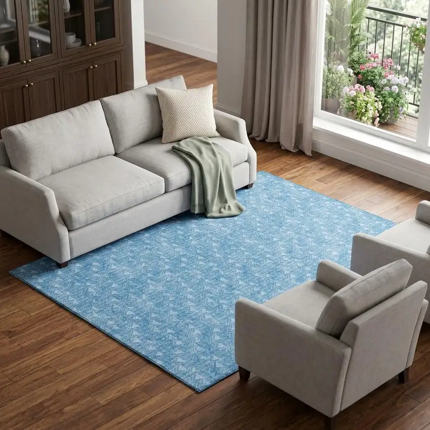 Blue And Ivory Geometric Washable Area Rug With UV Protection Photo 1