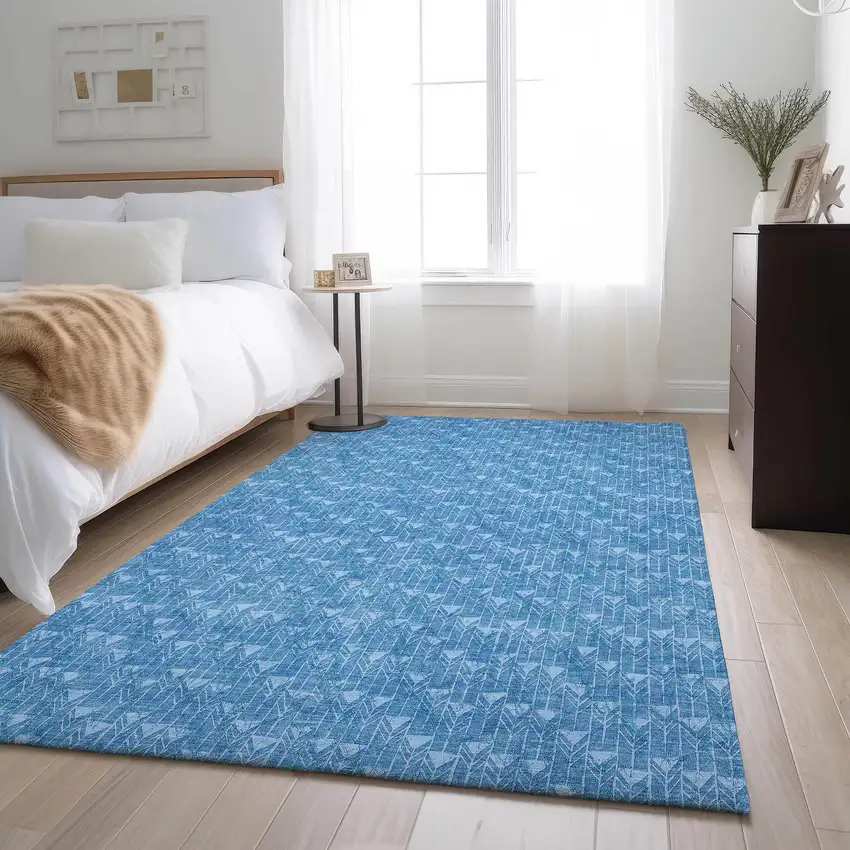 Blue And Ivory Geometric Washable Area Rug With UV Protection Photo 5