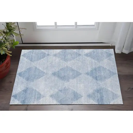 Blue And Ivory Geometric Washable Area Rug With UV Protection Photo 2