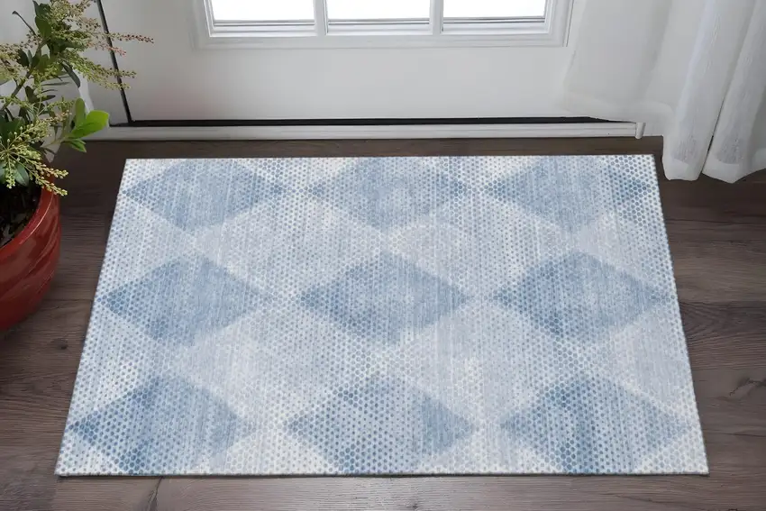 Blue And Ivory Geometric Washable Area Rug With UV Protection Photo 2