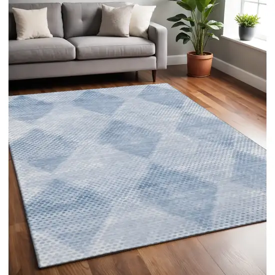 Blue And Ivory Geometric Washable Area Rug With UV Protection Photo 2