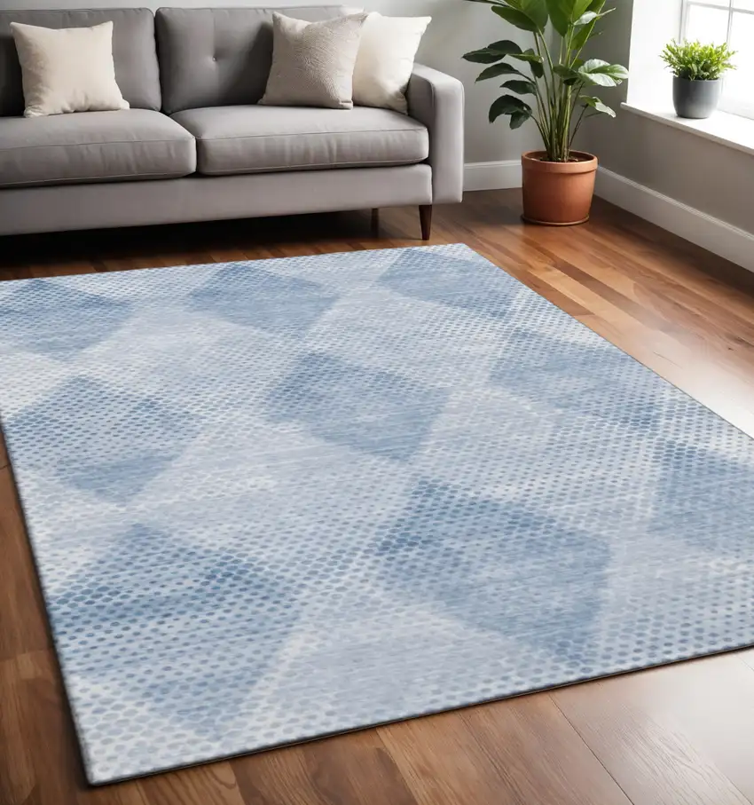 Blue And Ivory Geometric Washable Area Rug With UV Protection Photo 2
