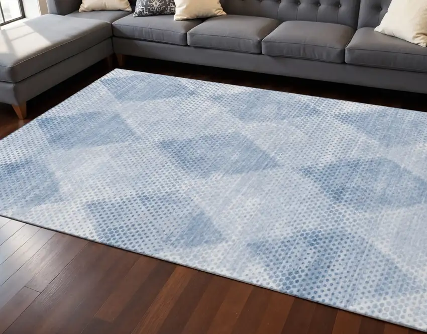 Blue And Ivory Geometric Washable Area Rug With UV Protection Photo 2