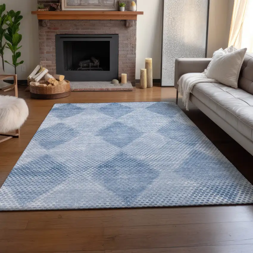 Blue And Ivory Geometric Washable Area Rug With UV Protection Photo 6