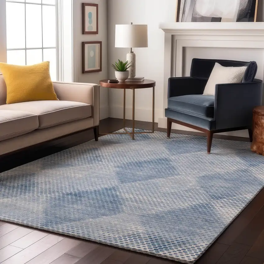 Blue And Ivory Geometric Washable Area Rug With UV Protection Photo 5