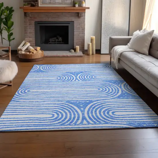 Blue And Ivory Geometric Washable Area Rug With UV Protection Photo 5