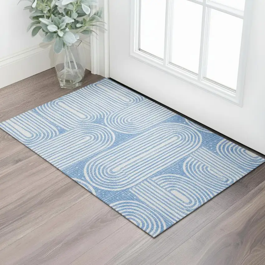 Blue And Ivory Geometric Washable Area Rug With UV Protection Photo 1