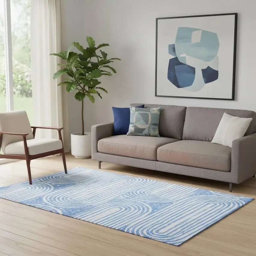 Blue And Ivory Geometric Washable Area Rug With UV Protection Photo 1