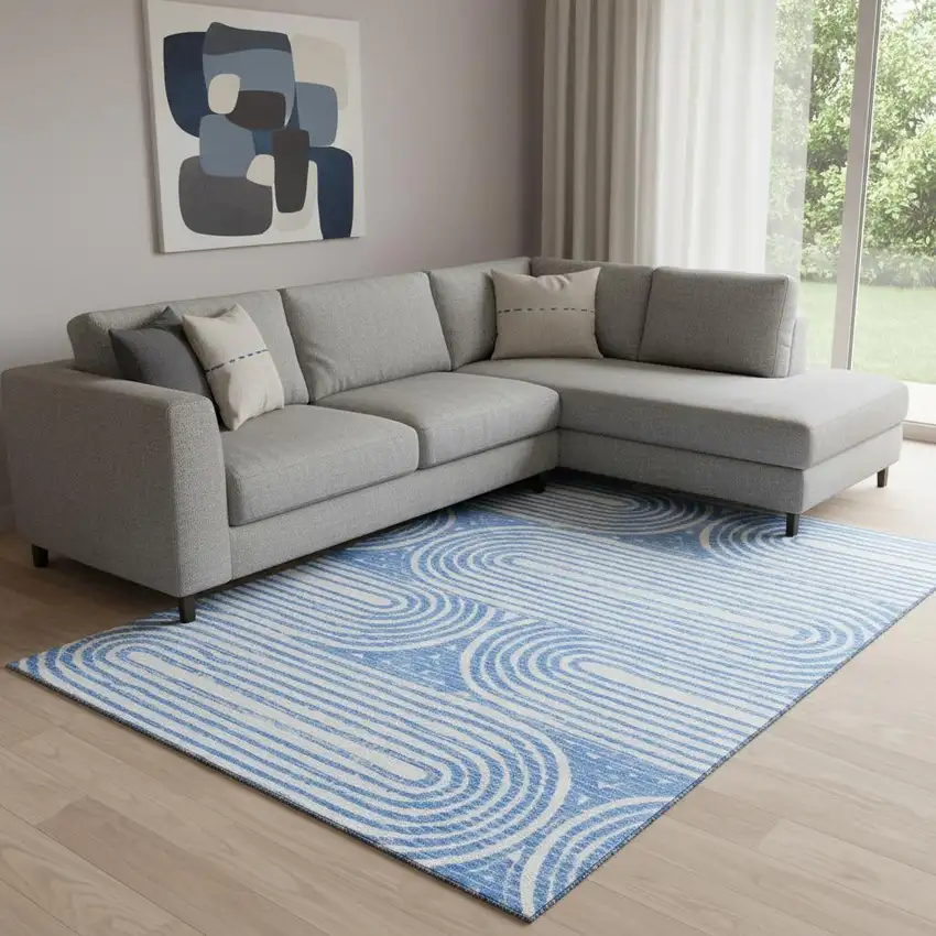 Blue And Ivory Geometric Washable Area Rug With UV Protection Photo 1