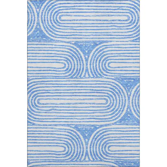 Blue And Ivory Geometric Washable Area Rug With UV Protection Photo 1