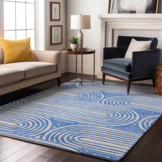 Blue And Ivory Geometric Washable Area Rug With UV Protection Photo 4