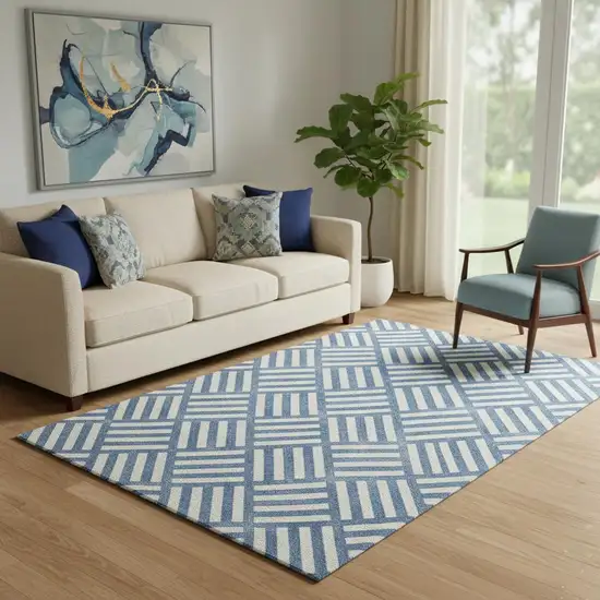 Blue And Ivory Geometric Washable Area Rug With UV Protection Photo 1