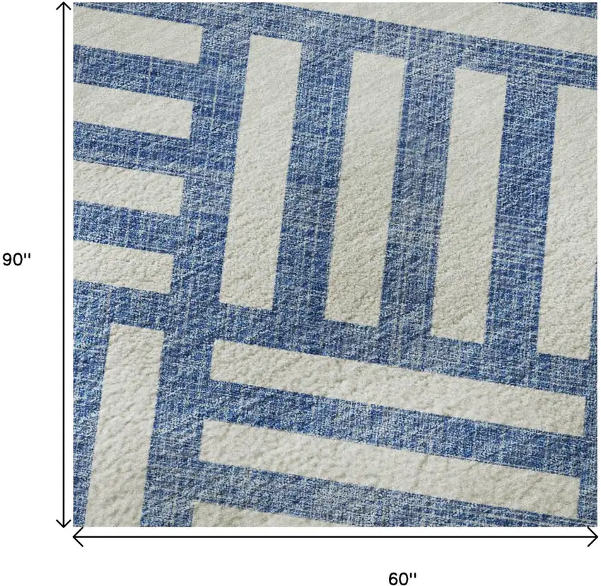 Blue And Ivory Geometric Washable Area Rug With UV Protection Photo 9