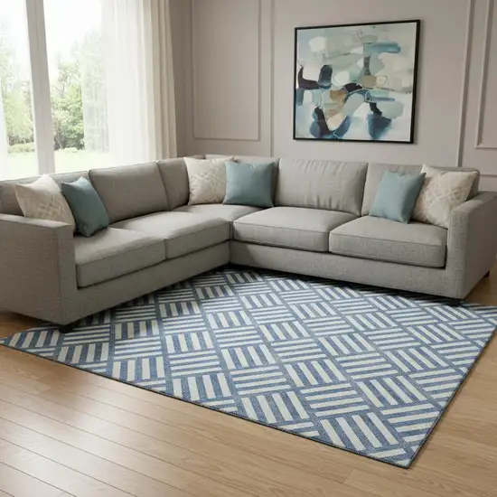 Blue And Ivory Geometric Washable Area Rug With UV Protection Photo 1