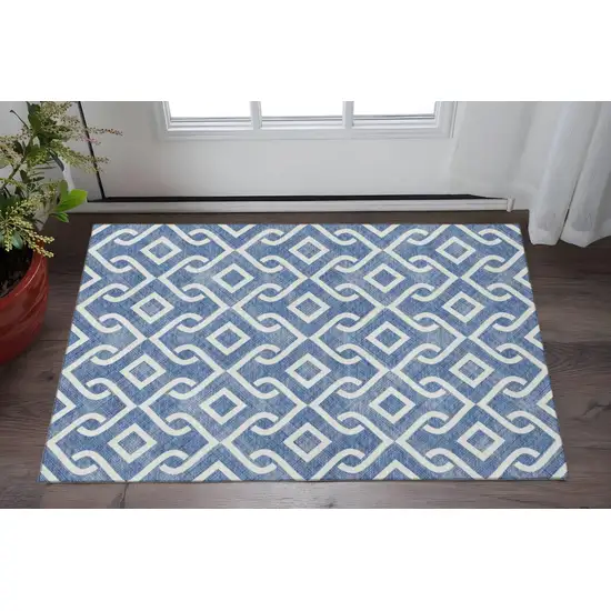 Blue And Ivory Geometric Washable Area Rug With UV Protection Photo 2