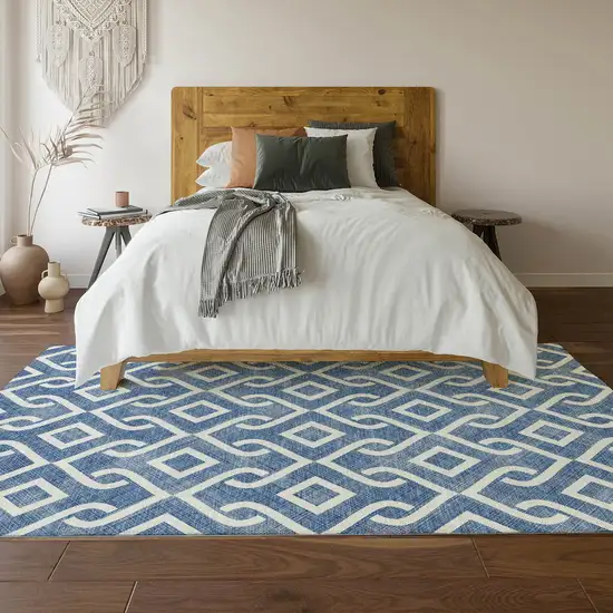 Blue And Ivory Geometric Washable Area Rug With UV Protection Photo 5