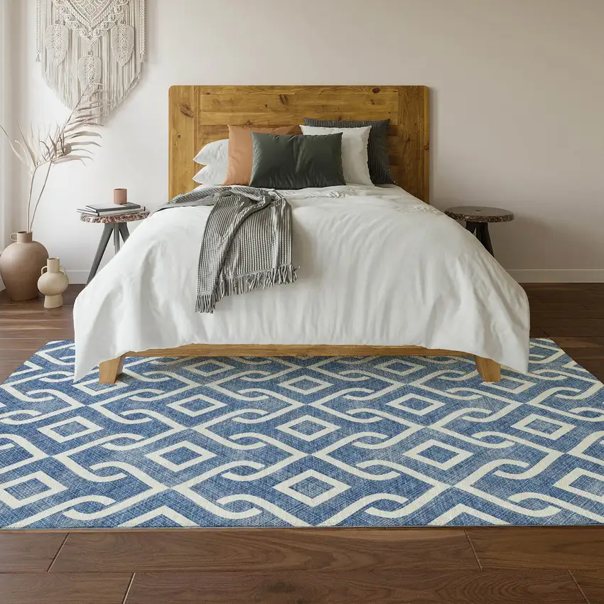 Blue And Ivory Geometric Washable Area Rug With UV Protection Photo 5