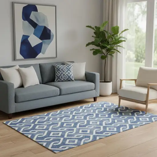 Blue And Ivory Geometric Washable Area Rug With UV Protection Photo 1