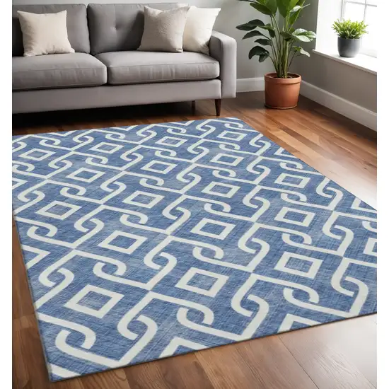 Blue And Ivory Geometric Washable Area Rug With UV Protection Photo 2