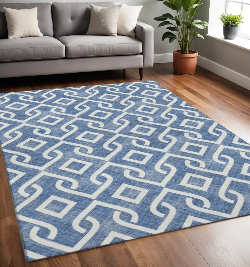 Blue And Ivory Geometric Washable Area Rug With UV Protection Photo 2