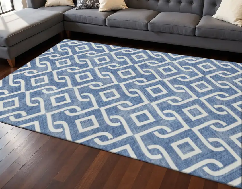 Blue And Ivory Geometric Washable Area Rug With UV Protection Photo 2