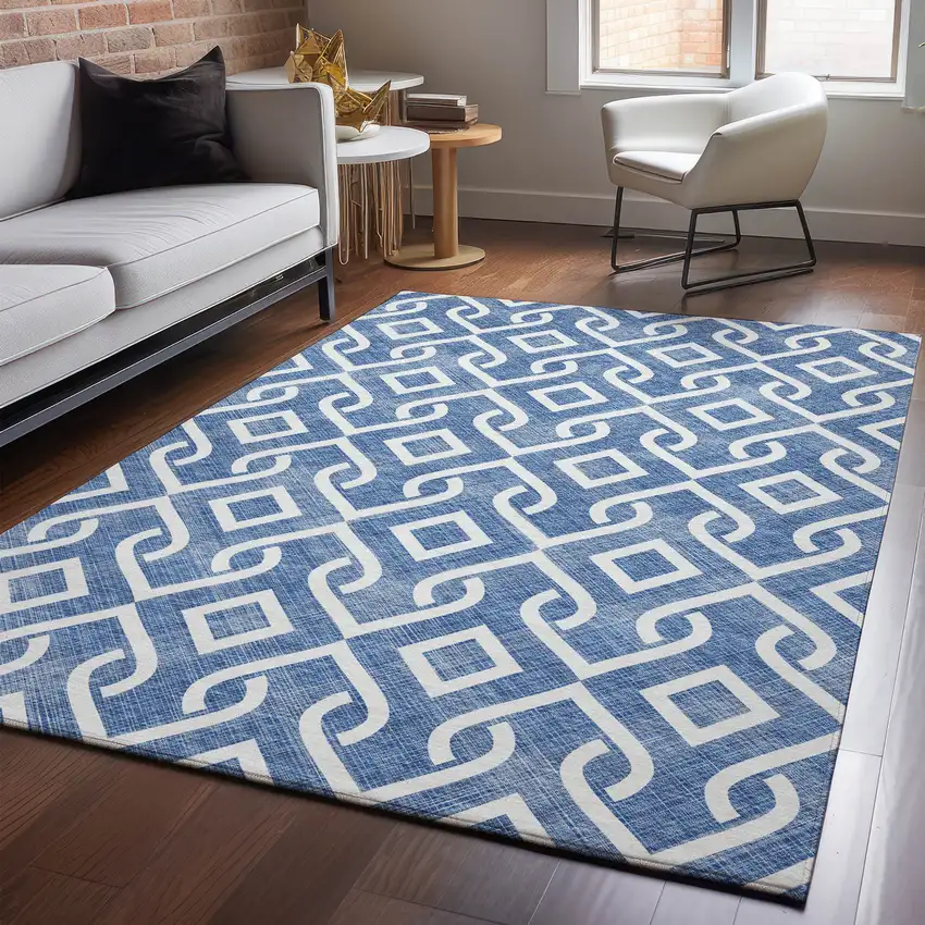 Blue And Ivory Geometric Washable Area Rug With UV Protection Photo 6