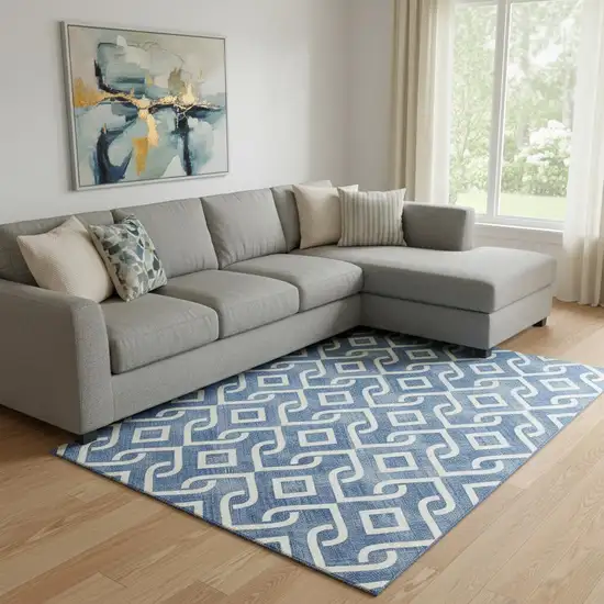 Blue And Ivory Geometric Washable Area Rug With UV Protection Photo 3