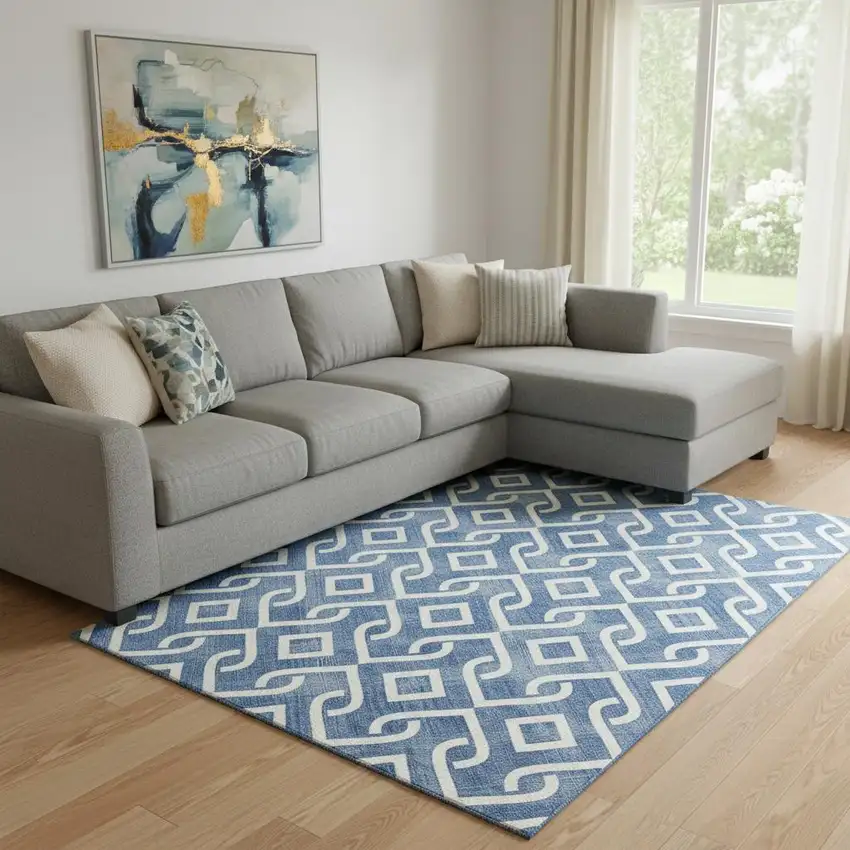 Blue And Ivory Geometric Washable Area Rug With UV Protection Photo 3