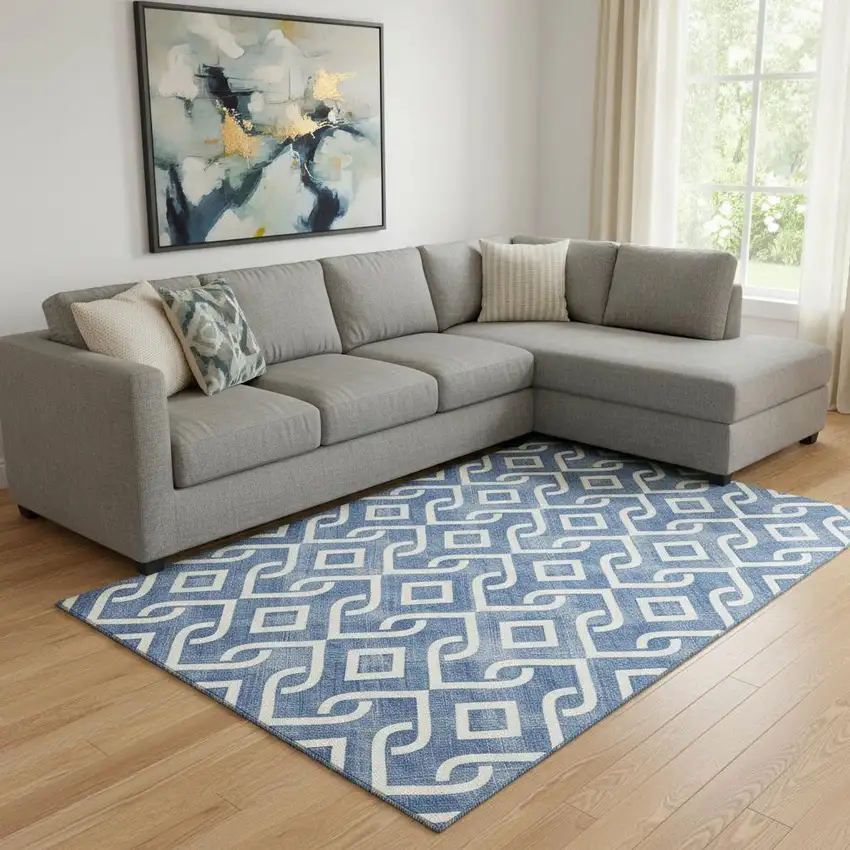 Blue And Ivory Geometric Washable Area Rug With UV Protection Photo 1