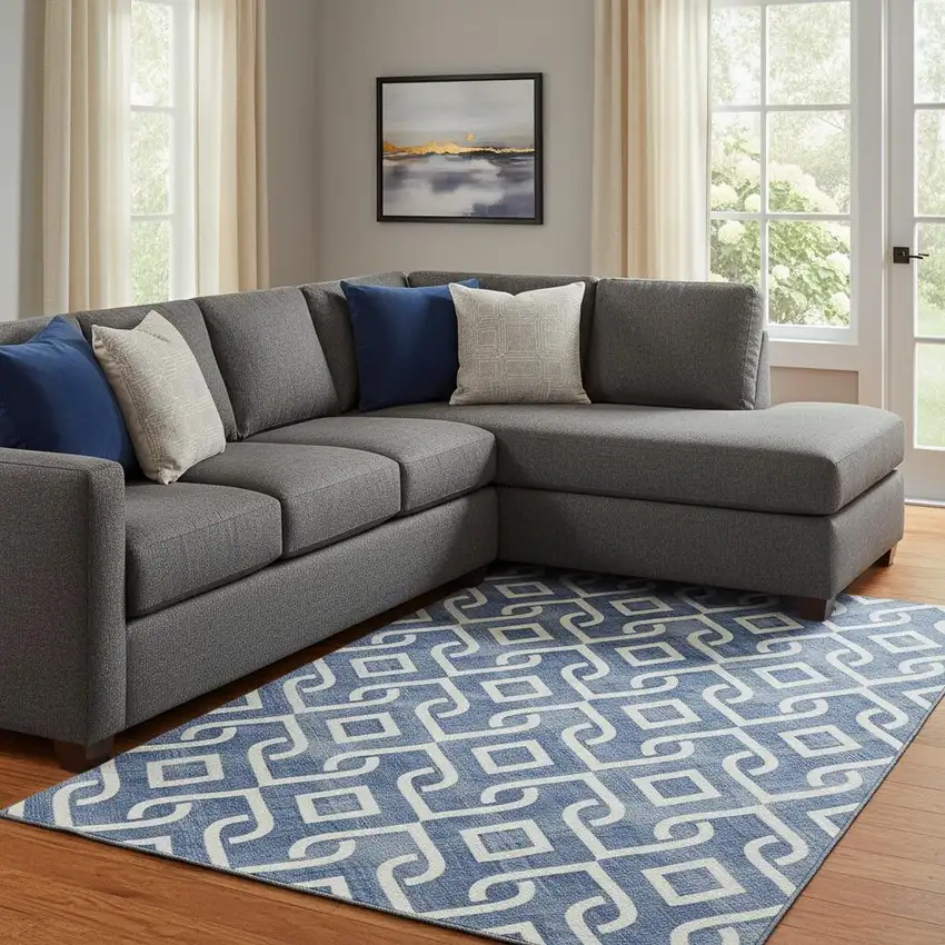 Blue And Ivory Geometric Washable Area Rug With UV Protection Photo 1