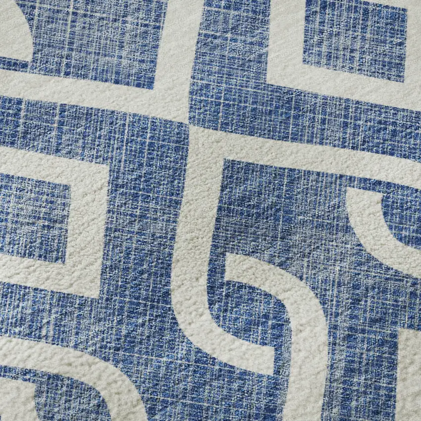 Blue And Ivory Geometric Washable Area Rug With UV Protection Photo 9