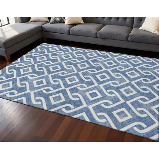 Blue And Ivory Geometric Washable Area Rug With UV Protection Photo 2