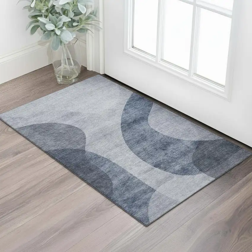 Blue And Ivory Geometric Washable Area Rug With UV Protection Photo 1