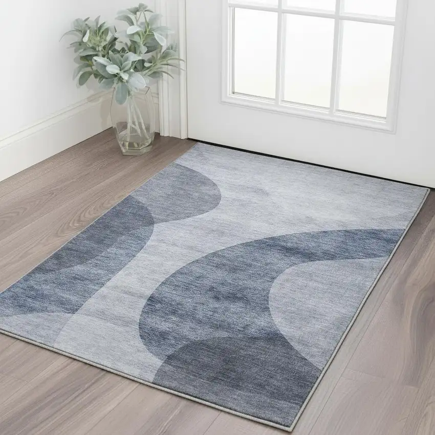 Blue And Ivory Geometric Washable Area Rug With UV Protection Photo 3