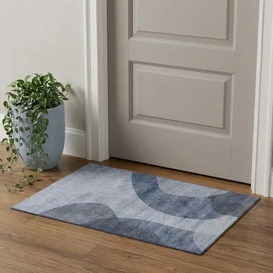Blue And Ivory Geometric Washable Area Rug With UV Protection Photo 1