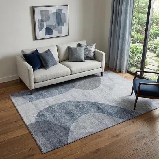 Blue And Ivory Geometric Washable Area Rug With UV Protection Photo 1