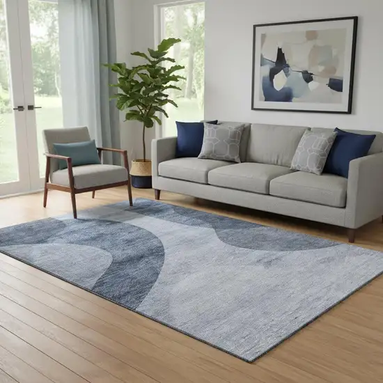 Blue And Ivory Geometric Washable Area Rug With UV Protection Photo 1